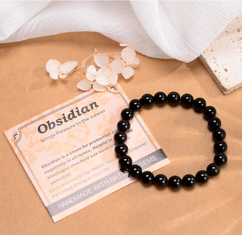 Massive Beads Black Obsidian - Stone of Pleasure - Handmade Yoga Stretch Elastic Bracelet Natural Stone Crystal Healing Power Energy Gifts for Unisex Adult 4mm